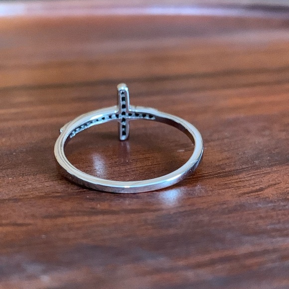 Sterling Silver Black CZ Sideways Cross Ring - Picture 3 of 7